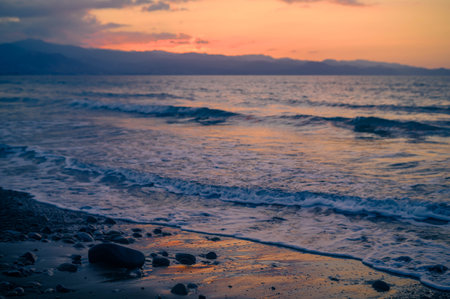 sunset on the mediterranean sea island cyprus beautiful view of the sea and mountainsの写真素材