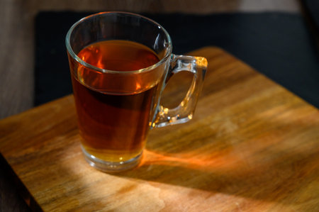 a cup of tea on a table. glassの写真素材