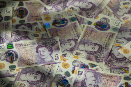 A collection of british sterling twenty pound notesの写真素材