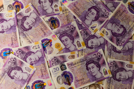 20 pound sterling bank notes closeup view business background 1の写真素材
