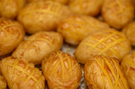 baked potatoes whole in their skinsの写真素材