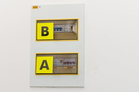 In a contemporary hallway, two elevator buttons marked with bold yellow labels stand out against a...