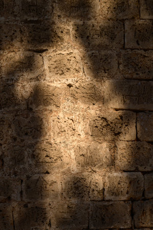 Soft shadows play on a rugged stone wall, capturing a moment of tranquility during the evening light.の写真素材