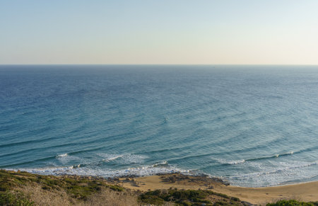 Golden sands meet the gentle waves as a peaceful coastline basks under a warm sunlit sky.の写真素材