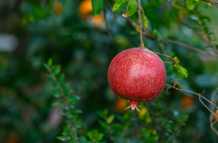 Bright red pomegranate hangs from a lush green branch under warm sunlight in an orchard during autumnの写真素材