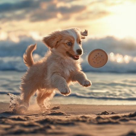 A small puppy dances through the waves, chasing a frisbee with excitement as the sun sets behind.の写真素材