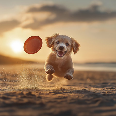 A playful puppy jumps excitedly to catch a frisbee flying through the warm beach air at sunset.の写真素材
