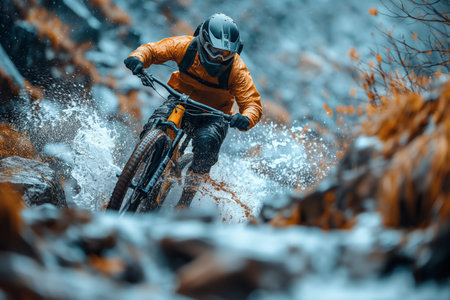 A cyclist in an orange jacket rides through a rocky path splashing water amidst colorful autumn...