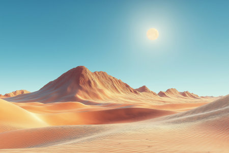 A stunning expansion of golden sand dunes captures the essence of a quiet desert afternoon beneath a brilliant sun.の写真素材