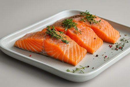 Fresh salmon fillets are beautifully arranged on a minimalistic plate, sprinkled with herbs and spices.の写真素材