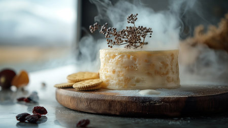 A round cheese wheel adorned with herbs, resting beside crackers, all enveloped in a gentle mist...