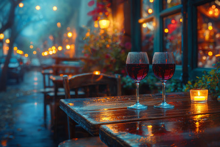 Two glasses of red wine sit on a wooden table outside a charming cafe, illuminated by warm lights in a rainy evening.の写真素材