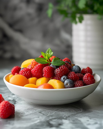 A vibrant assortment of ripe apricots, raspberries, and blueberries in a white bowl brings joy on a sunny day.の写真素材