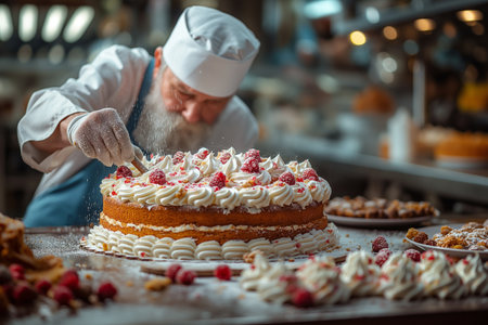 Experienced baker meticulously decorates a lavish cake with swirls of cream and fresh raspberries in a busy kitchen.の写真素材