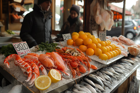 Colorful displays of fresh seafood and citrus fruits attract shoppers on a chilly winter day at the market.の写真素材