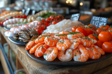 Brightly colored shrimp and fresh tomatoes are artistically arranged on a rustic wooden table in a lively market.の写真素材