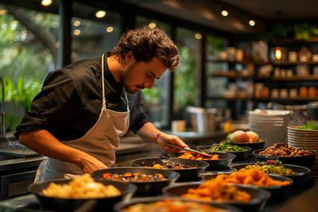 A chef carefully arranges colorful dishes in a bustling kitchen as night falls, showcasing culinary skills.の写真素材