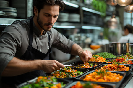 A skilled chef focuses on creating colorful meal trays filled with fresh vegetables and flavors in a lively kitchen.の写真素材