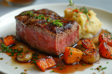 Succulent grilled steak accompanied by velvety mashed potatoes and vibrant roasted vegetables delights the senses.の写真素材