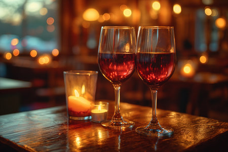 Two glasses of red wine sit beside a flickering candle, creating a warm and intimate atmosphere for dining.の写真素材
