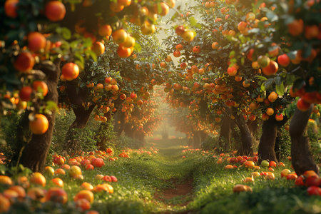 Lush orange trees bear heavy fruit, casting dappled sunlight on the soft grassy trail below where nature thrives.の写真素材