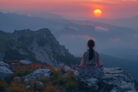 A peaceful moment captures a person meditating on a rocky ledge while the sun sets behind distant mountains.の写真素材