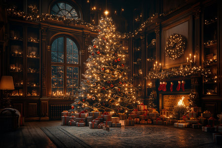 A beautifully decorated Christmas tree stands tall, surrounded by gifts and soft candlelight in a warm room.の写真素材