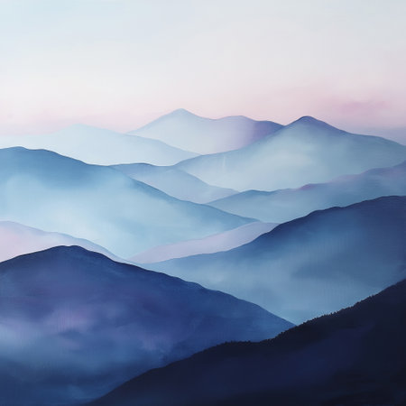Soft blue and purple mountains rise in morning light, creating a serene, peaceful atmosphere.の写真素材