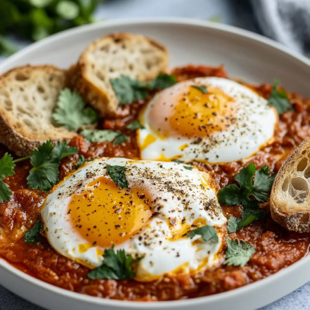 Savory spicy eggs topped with vibrant herbs rest in a hearty tomato sauce, served with crusty toasted bread.の写真素材