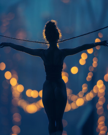 A graceful dancer stretches her arms wide, silhouetted against a backdrop of twinkling lights at dusk.の写真素材