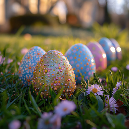Vibrant Easter eggs with intricate designs rest among blooming flowers in a lush garden setting.の写真素材