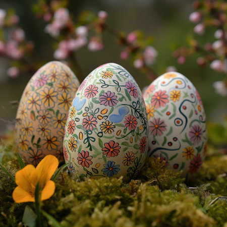 Colorful Easter eggs with floral designs rest on soft moss, surrounded by blooming flowers in a...