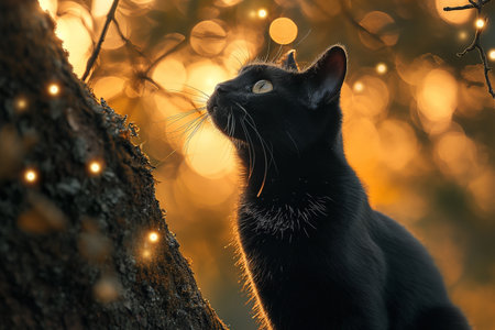 A curious black cat admires shimmering lights amidst a warm, golden background, captured in a tranquil setting.の写真素材