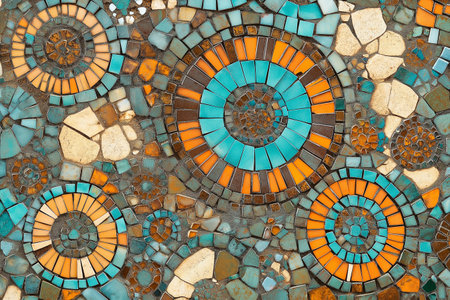 Stunning circular mosaic pattern features bright turquoise and warm orange tones, blending artistry and craftsmanship.の写真素材