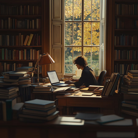 A person sits at a desk in a library, absorbed in work as warm sunlight streams through the window.