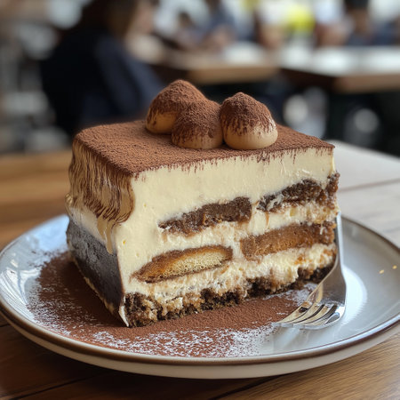Indulging in a rich tiramisu dessert with coffee flavors in a lively cafe during a delightful afternoon.の写真素材