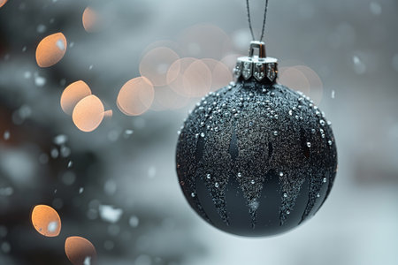 A black ornament adorned with frost catches light as snowflakes gently fall in a cozy winter atmosphere.の写真素材