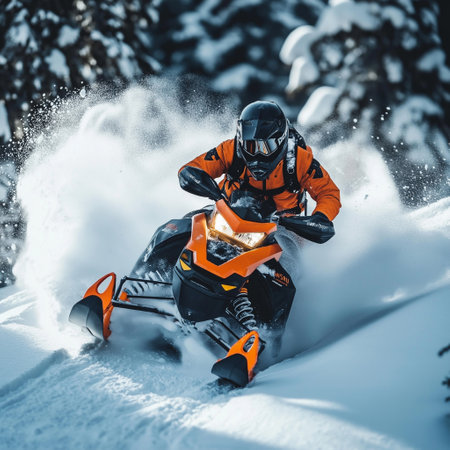 Snowmobiler navigates through deep snow in a vibrant orange outfit, surrounded by serene winter...