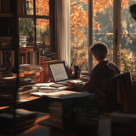 A person enjoys a peaceful moment writing at a desk in a library, surrounded by autumn foliage and books.の写真素材
