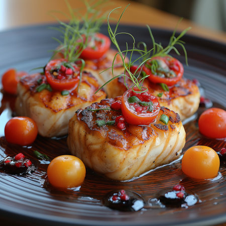 Succulent pieces of grilled fish artfully presented with vibrant garnishes and rich sauces, inviting a culinary delight.の写真素材