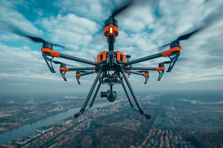 A drone navigates high above a picturesque valley lined with trees and riverbanks during early...