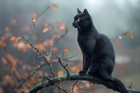 A sleek black cat sits elegantly on a bare branch, surrounded by autumn leaves and a misty forest backdrop.の写真素材
