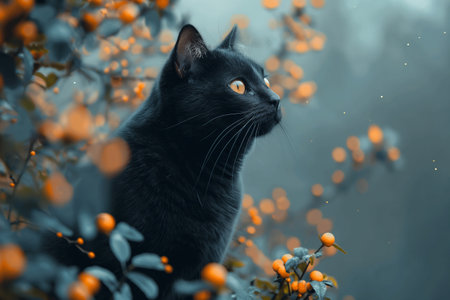 A striking black cat observes enchanting orange berries amid lush greenery on a foggy day in nature.の写真素材
