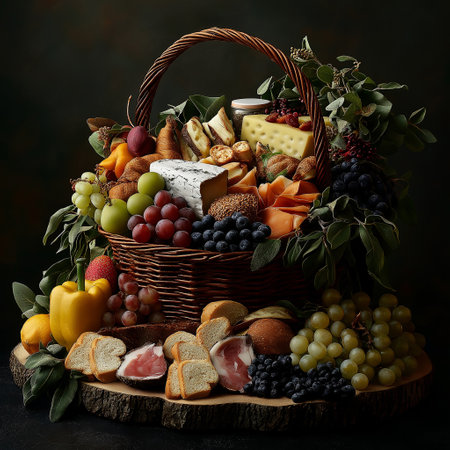A delightful assortment of vibrant fruits and artisanal cheeses fills a woven basket, showing nature\'s bounty.の写真素材