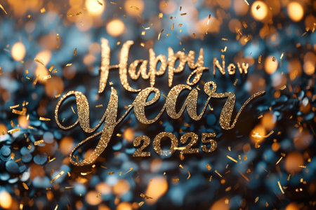 Glittering confetti welcomes the New Year, as joyous wishes fill the air for a bright 2025 ahead.の写真素材