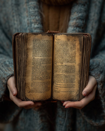 A person cradles a timeworn book, its pages rich with history, reflecting moments of serene contemplation and discovery.の写真素材