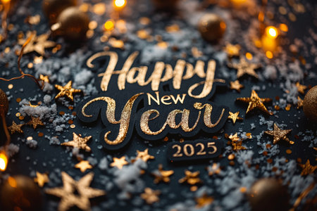 Festive decorations shine with golden wishes for the New Year, creating a magical atmosphere to...