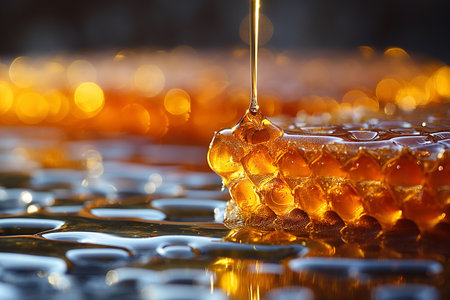 Honey cascades from a honeycomb, glistening in the light and evoking a sense of indulgence and nature\'s bounty.の写真素材
