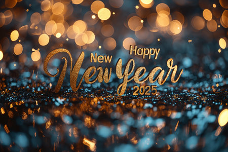 Sparkling decorations and golden text greet the joyous arrival of 2025, filled with hope and celebration.の写真素材