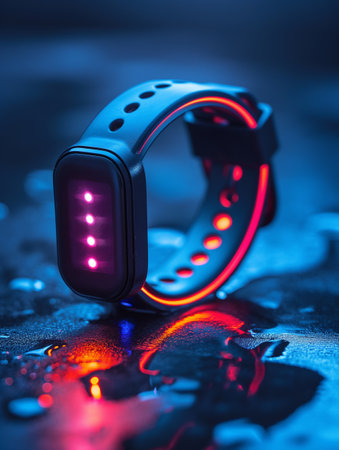 A neon fitness tracker glows amid shimmering droplets, showcasing technology\'s essence at night.の写真素材